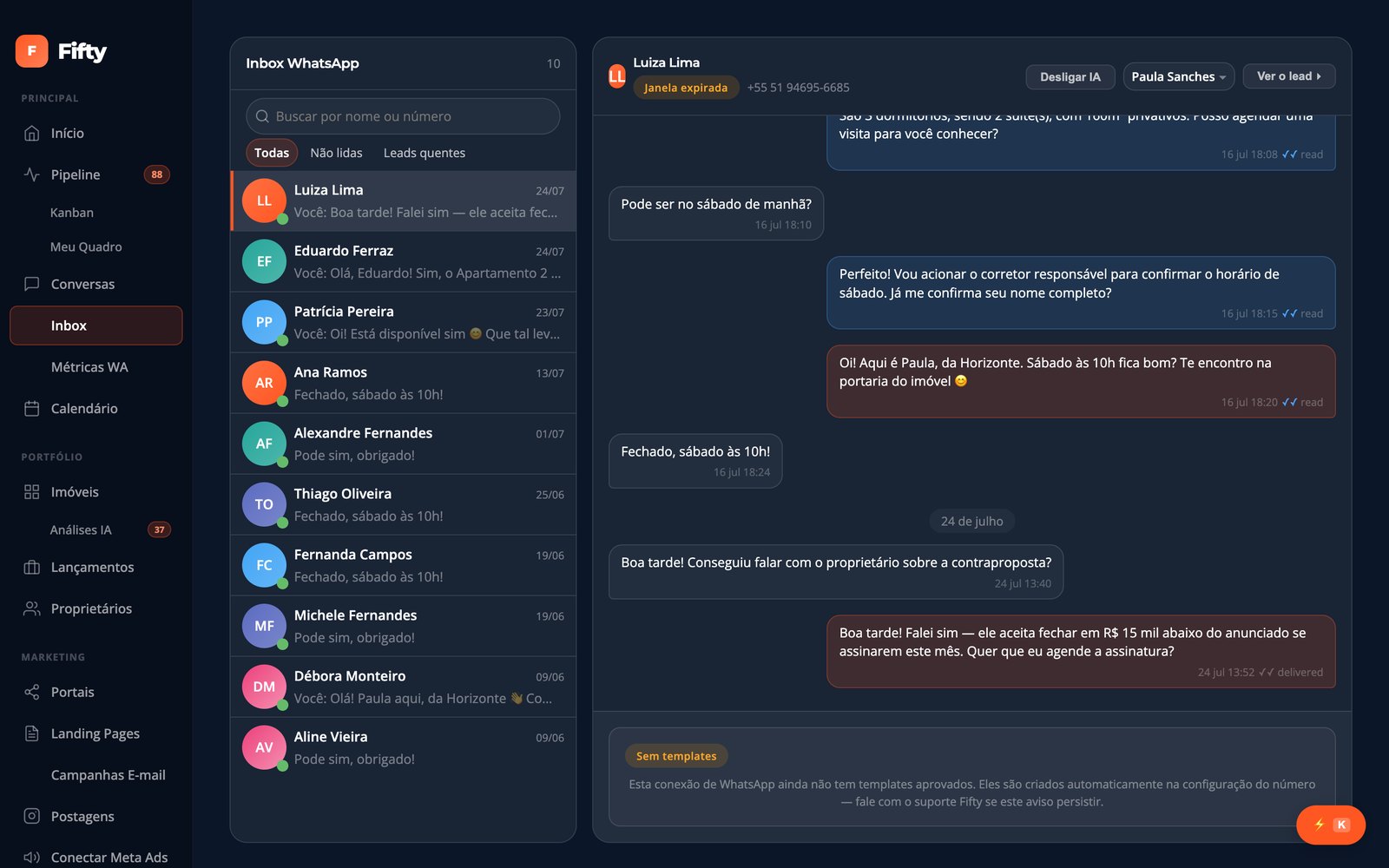 Inbox de WhatsApp do Fifty com a IA respondendo e agendando visita com o cliente