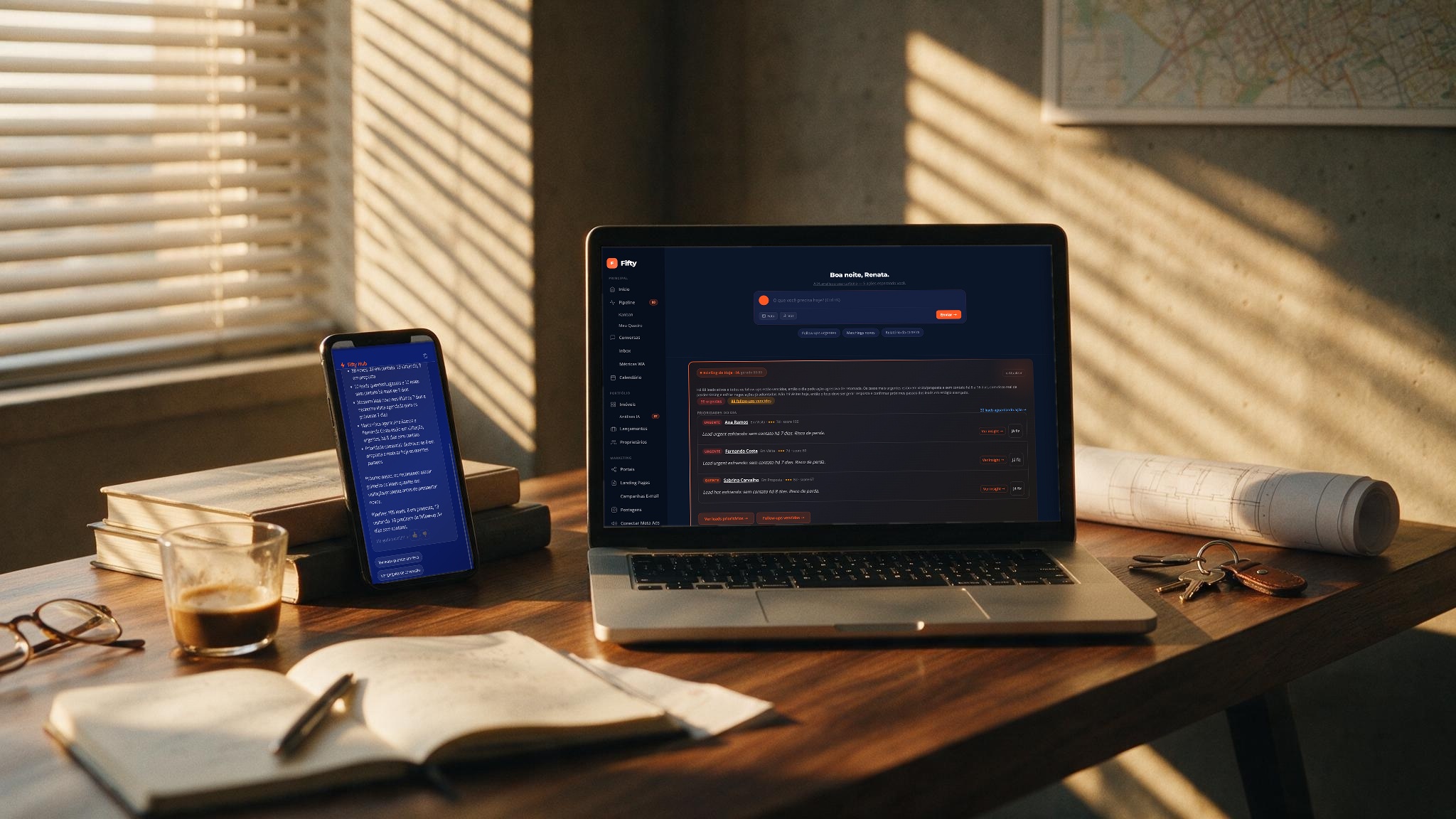 MacBook sobre uma mesa de escritório exibindo o painel do Fifty, com um celular ao lado mostrando o hub de IA na versão mobile