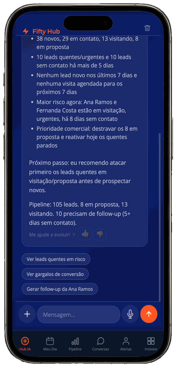 iPhone mostrando o hub de IA do Fifty com o resumo do funil e o botão de microfone