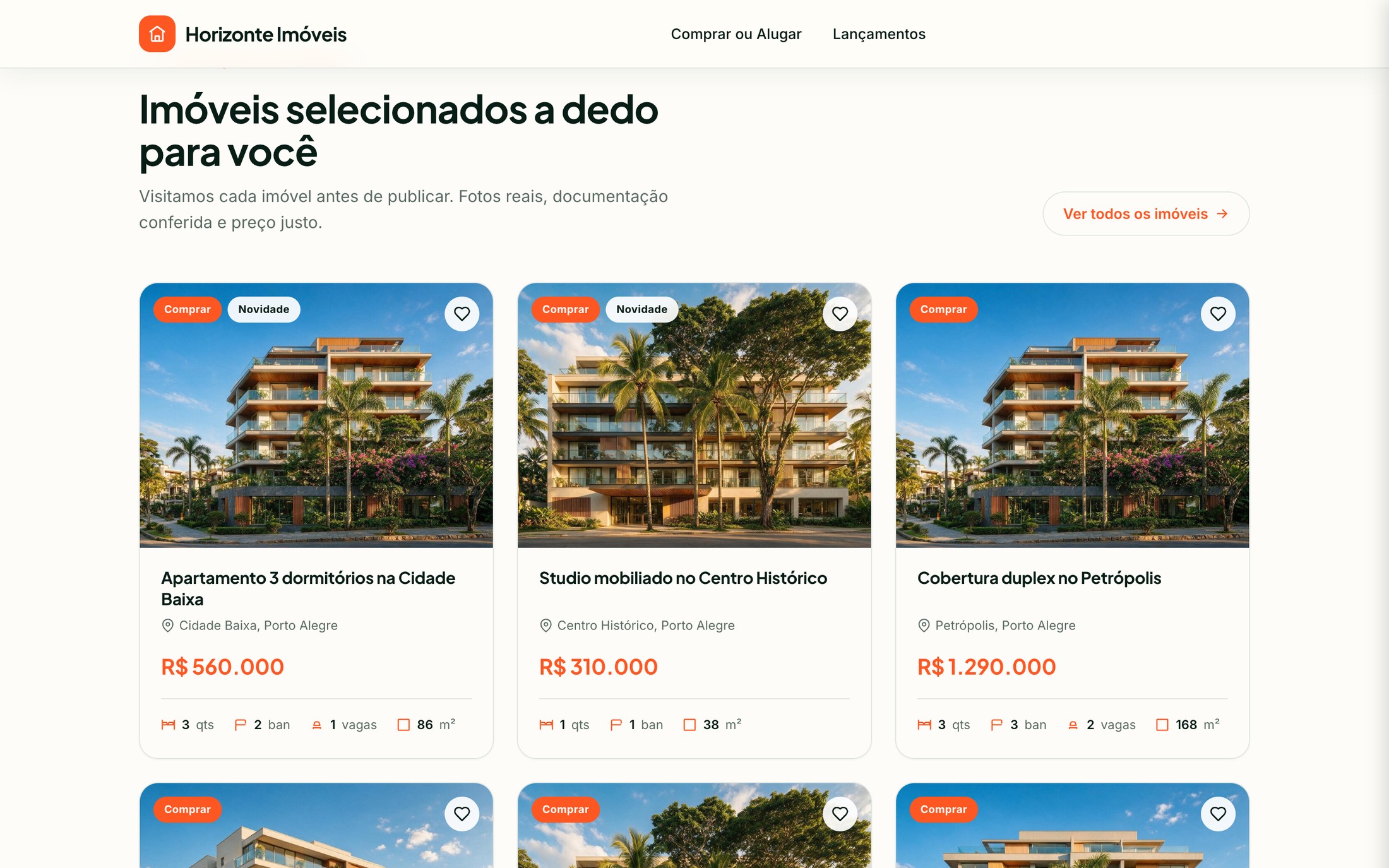 Site público de uma imobiliária feito no Fifty, com busca de imóveis e anúncios com foto